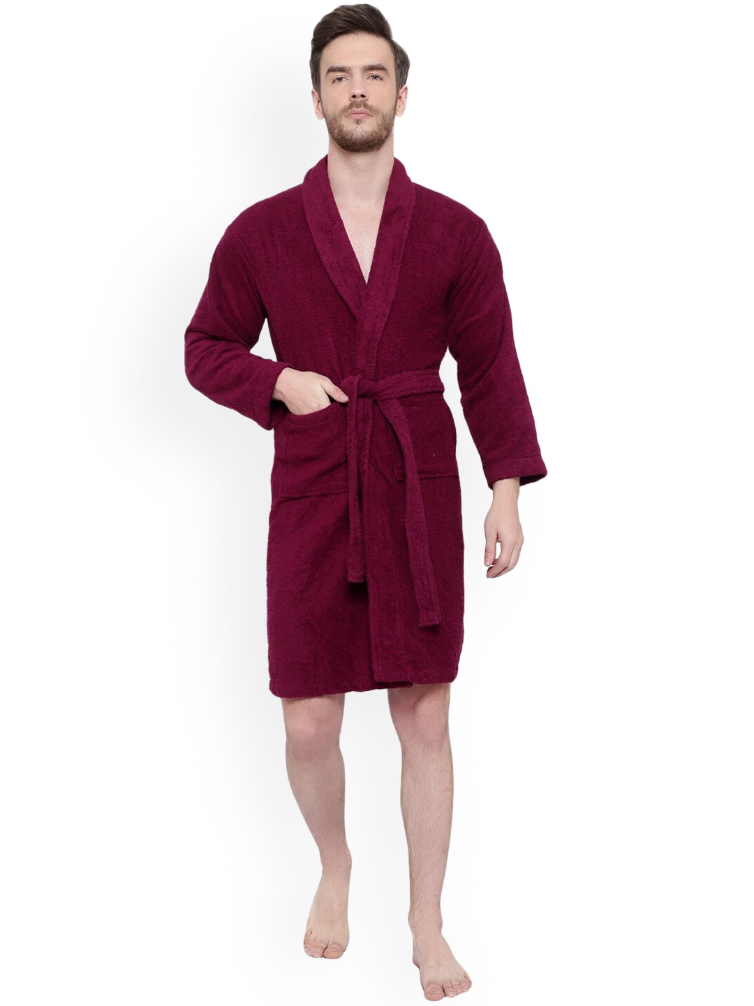 cotton trendy Men Pure Cotton Long Sleeves Bath Robe, Maroon