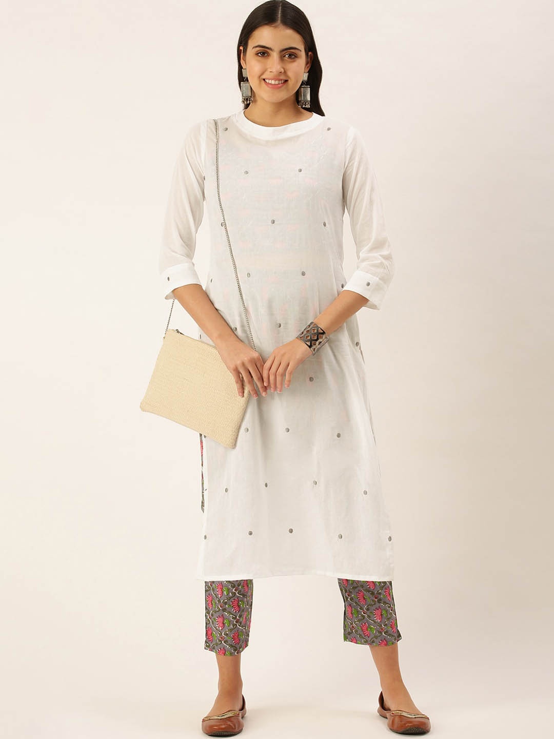 

KALINI Embroidered Regular Thread Work Kurta With Palazzos & Inner Top, White