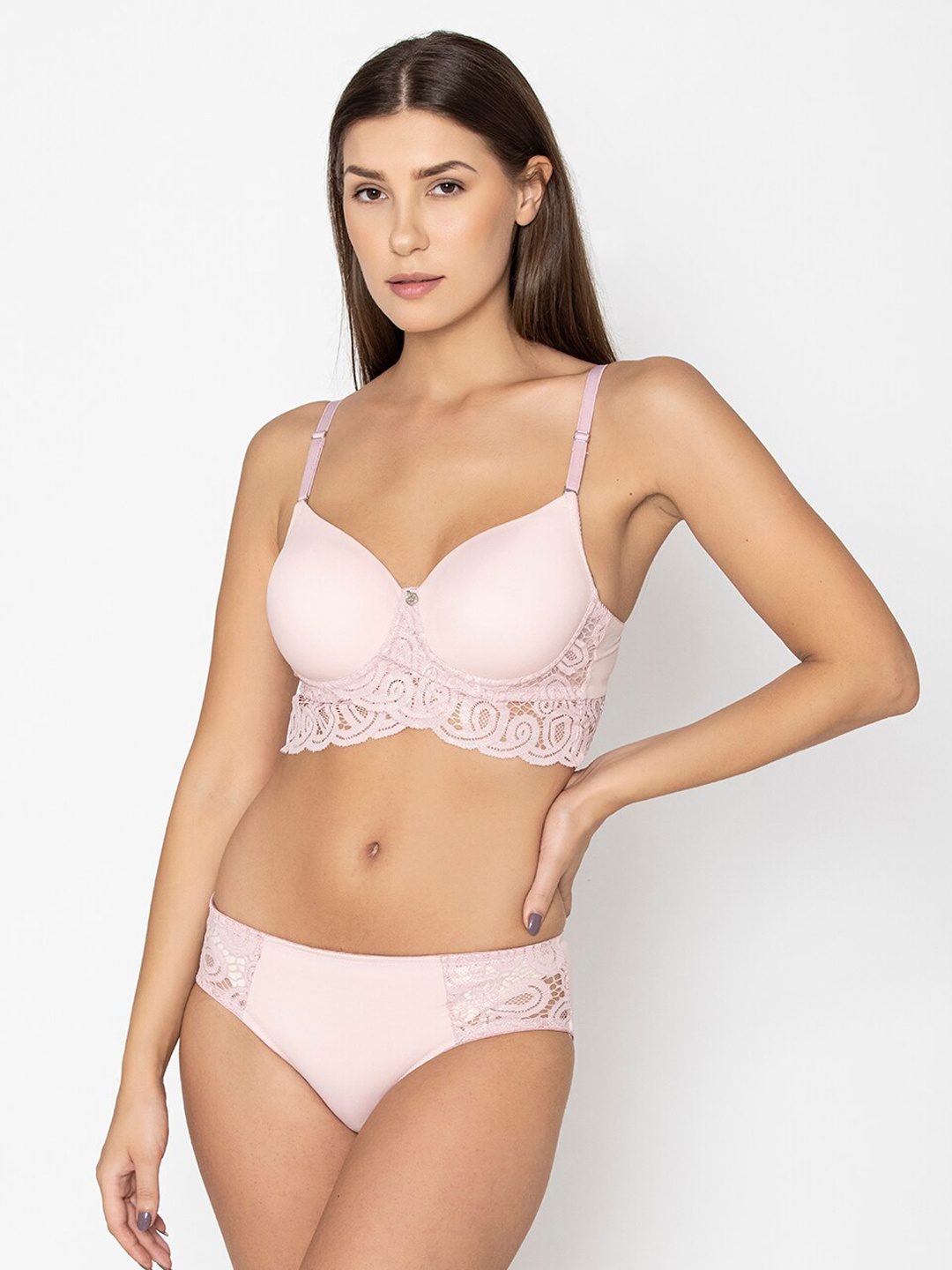 

B'ZAR Self Design Lightly Padded Bralette Lingerie Set BZS5111, Pink