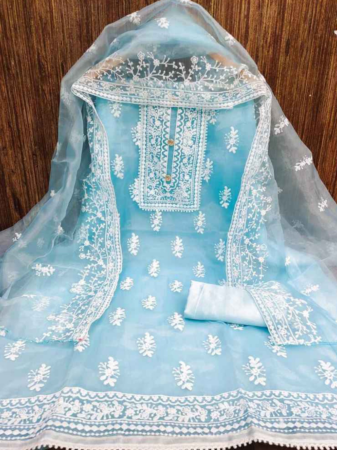 

faxofab Embroidered Organza Unstitched Dress Material, Blue
