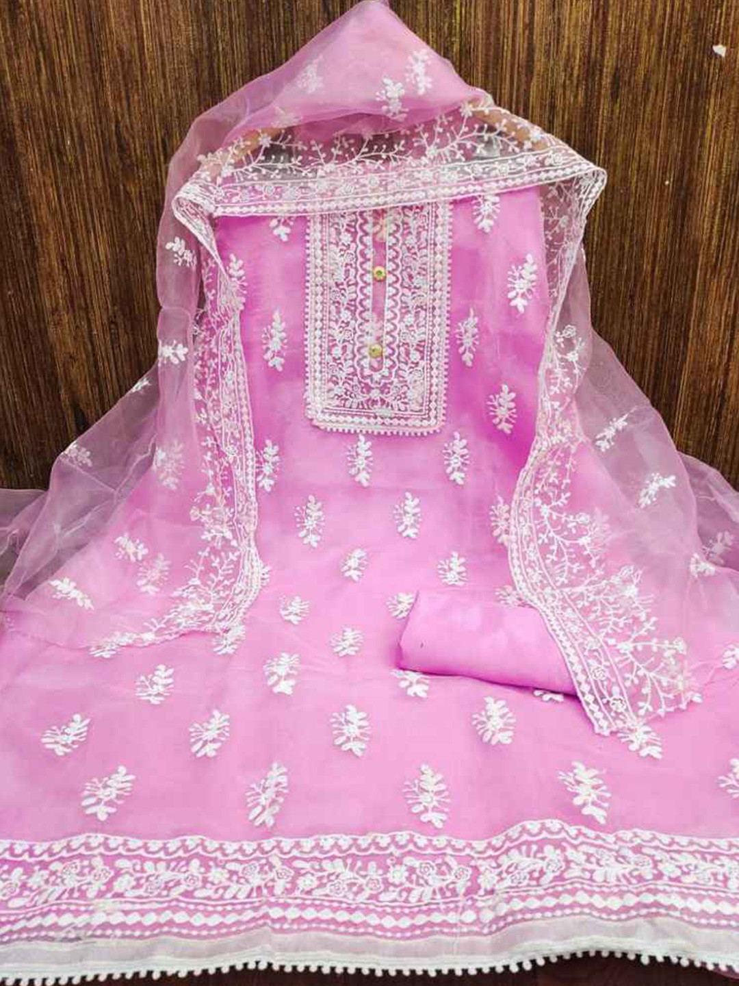 

faxofab Embroidered Organza Unstitched Dress Material, Pink