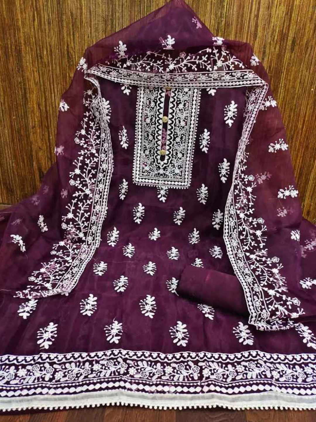 

faxofab Embroidered Organza Unstitched Dress Material, Purple