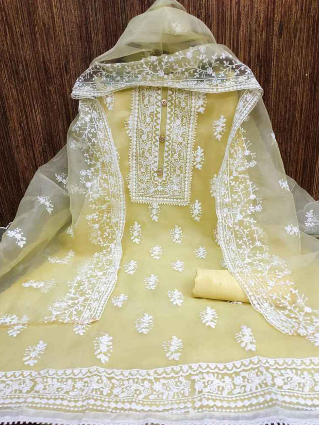 

faxofab Embroidered Organza Unstitched Dress Material, Yellow