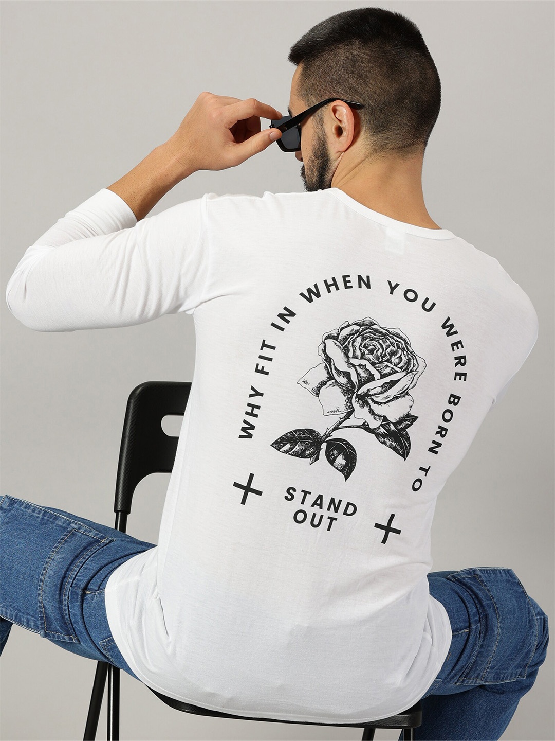 

AUSK Typography Printed Cotton Round Neck Long Sleeves Raw Edge Casual T-shirt, White