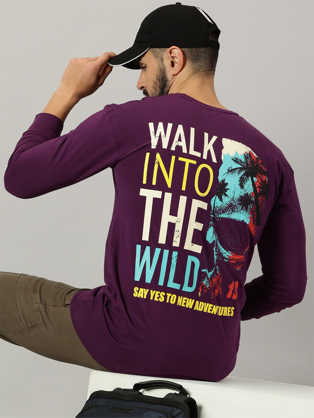 

GESPO Typography Printed Round Neck Full Sleeve Pure Cotton Raw Edge T-shirt, Burgundy