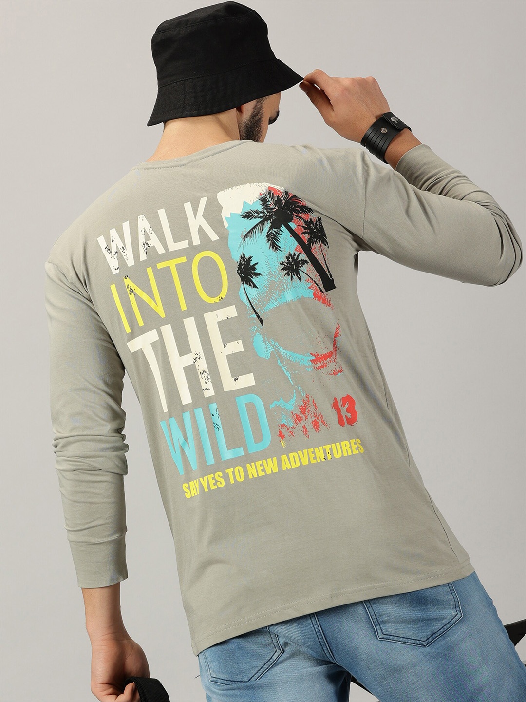 

GESPO Typography Printed Round Neck Full Sleeve Pure Cotton Applique T-shirt, Grey