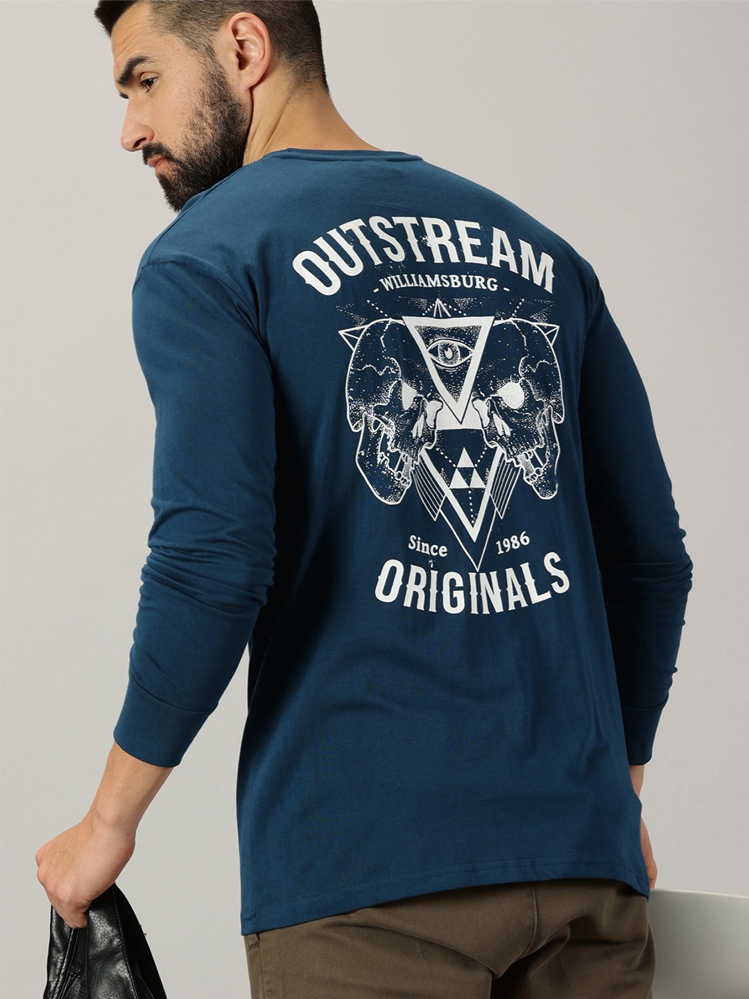 

GESPO Typography Printed Round Neck Full Sleeve Pure Cotton Pockets T-shirt, Teal