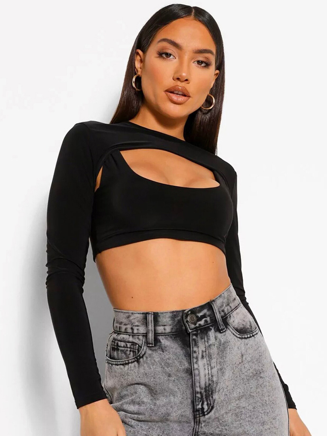 

LULU & SKY Ribbed High Neck Cut Outs Cotton Fitted Crop Top, Black