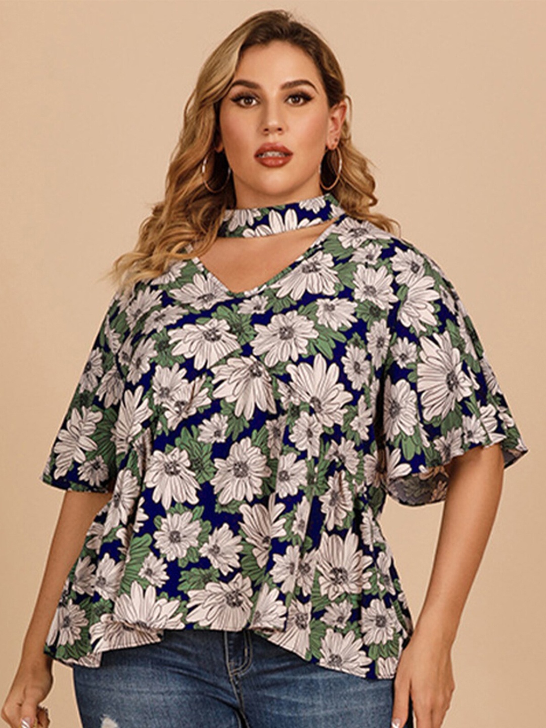

LULU & SKY Plus Size Floral Printed Choker Neck Flared Sleeve Top, Multi