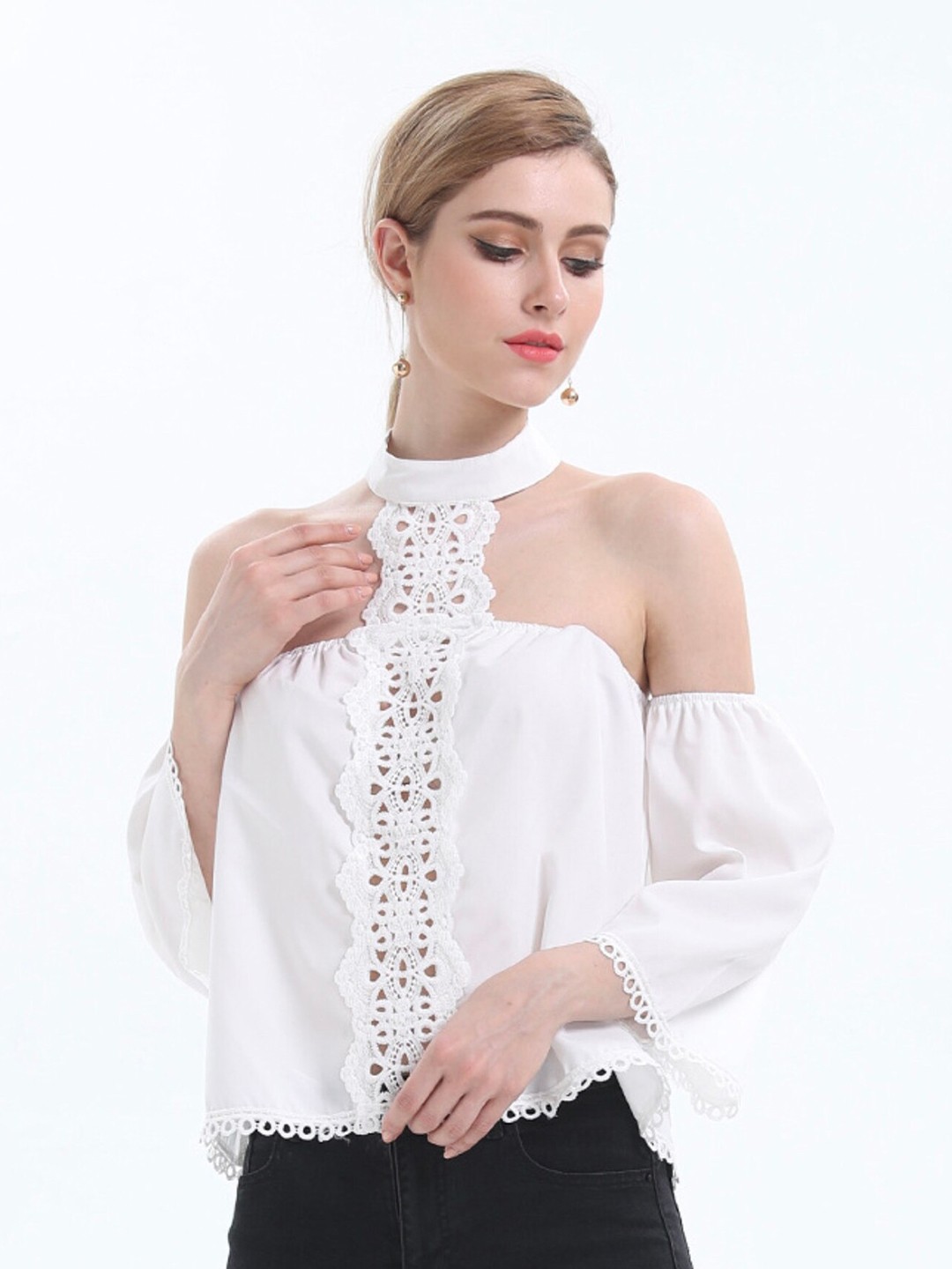 

LULU & SKY Self Design Halter Neck Off-Shoulder Top, White