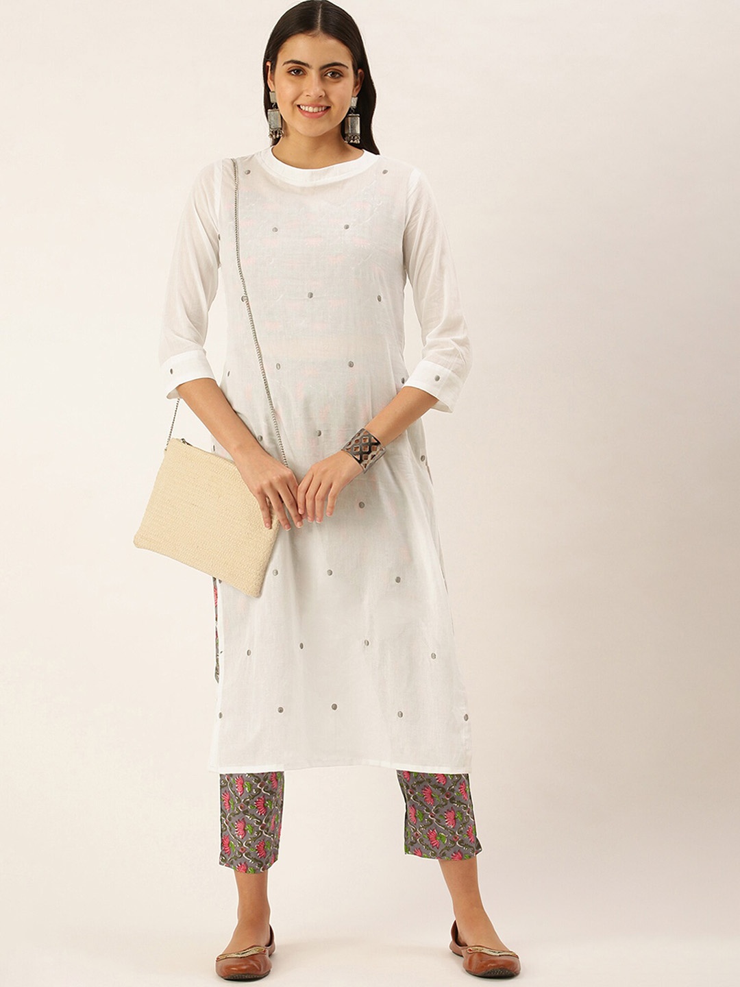 

KALINI Embroidered Regular Thread Work Kurta With Trouser, White