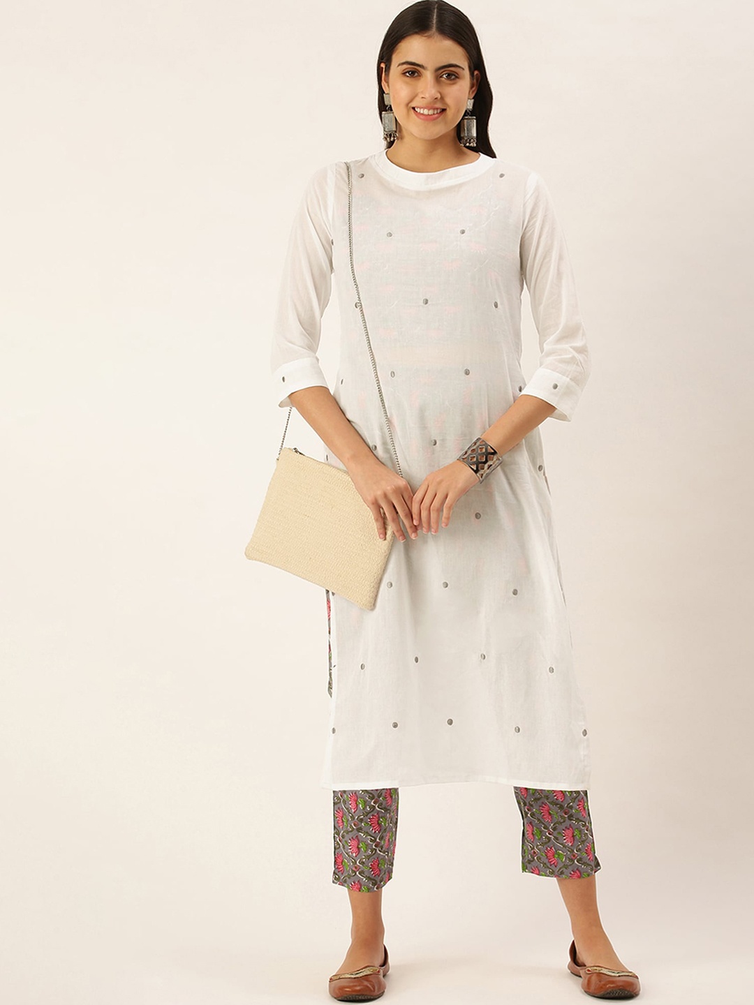 

HRITIKA Geometric Embroidered Thread Work Straight Kurta with Palazzos, White