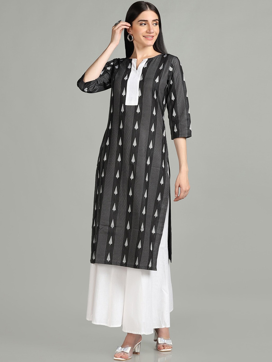 

KALINI Woven Design Straight Kurta, Black