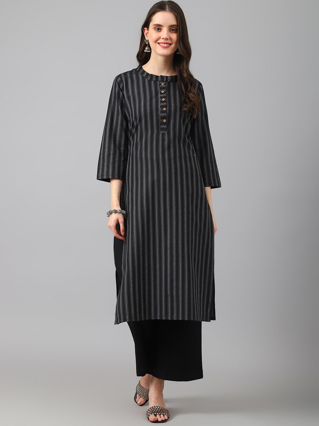 

KALINI Striped Band Collar Straight Kurta, Black