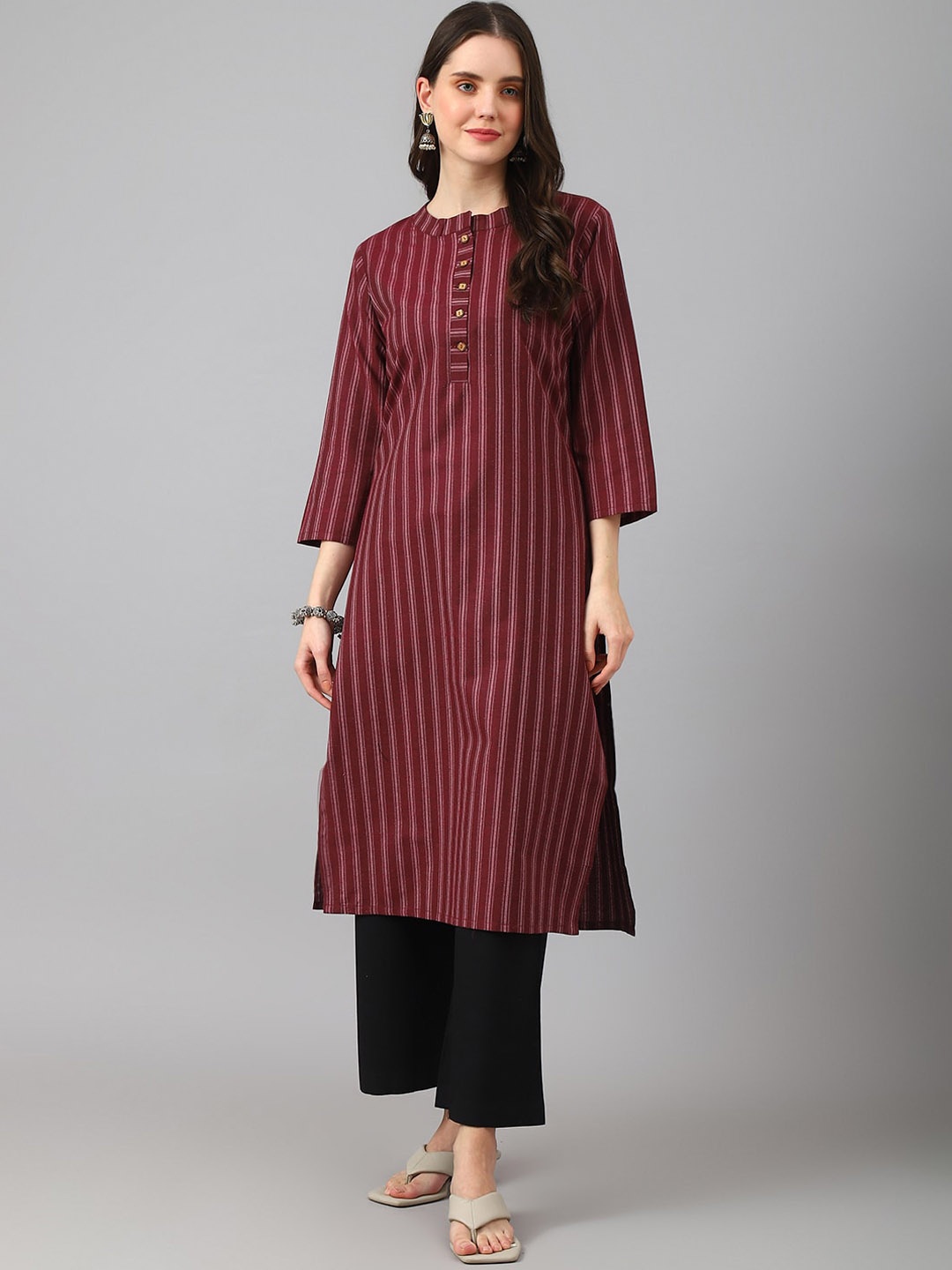 

KALINI Striped Band Collar Straight Kurta, Maroon