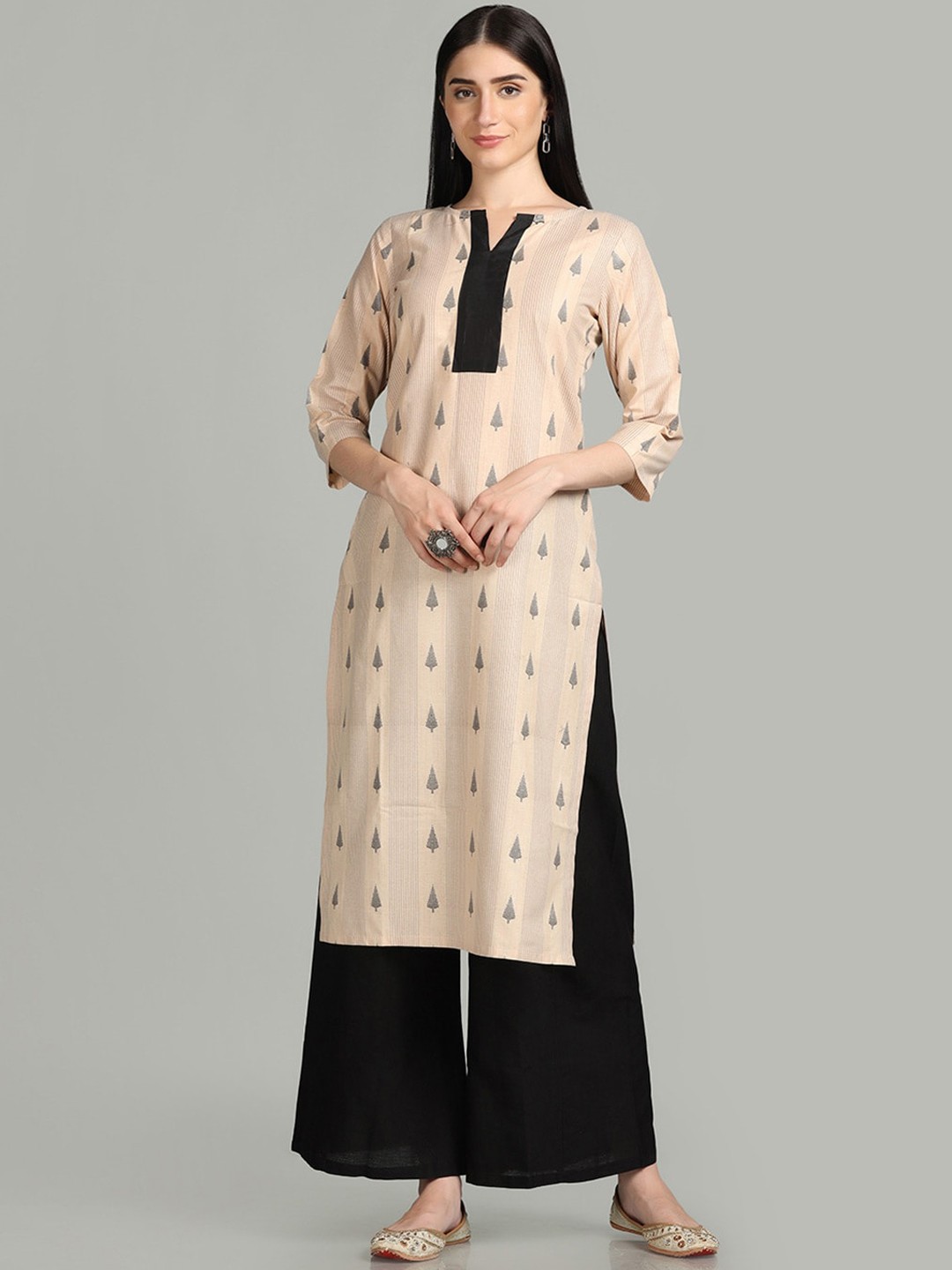 

KALINI Woven Design Straight Kurta, Beige