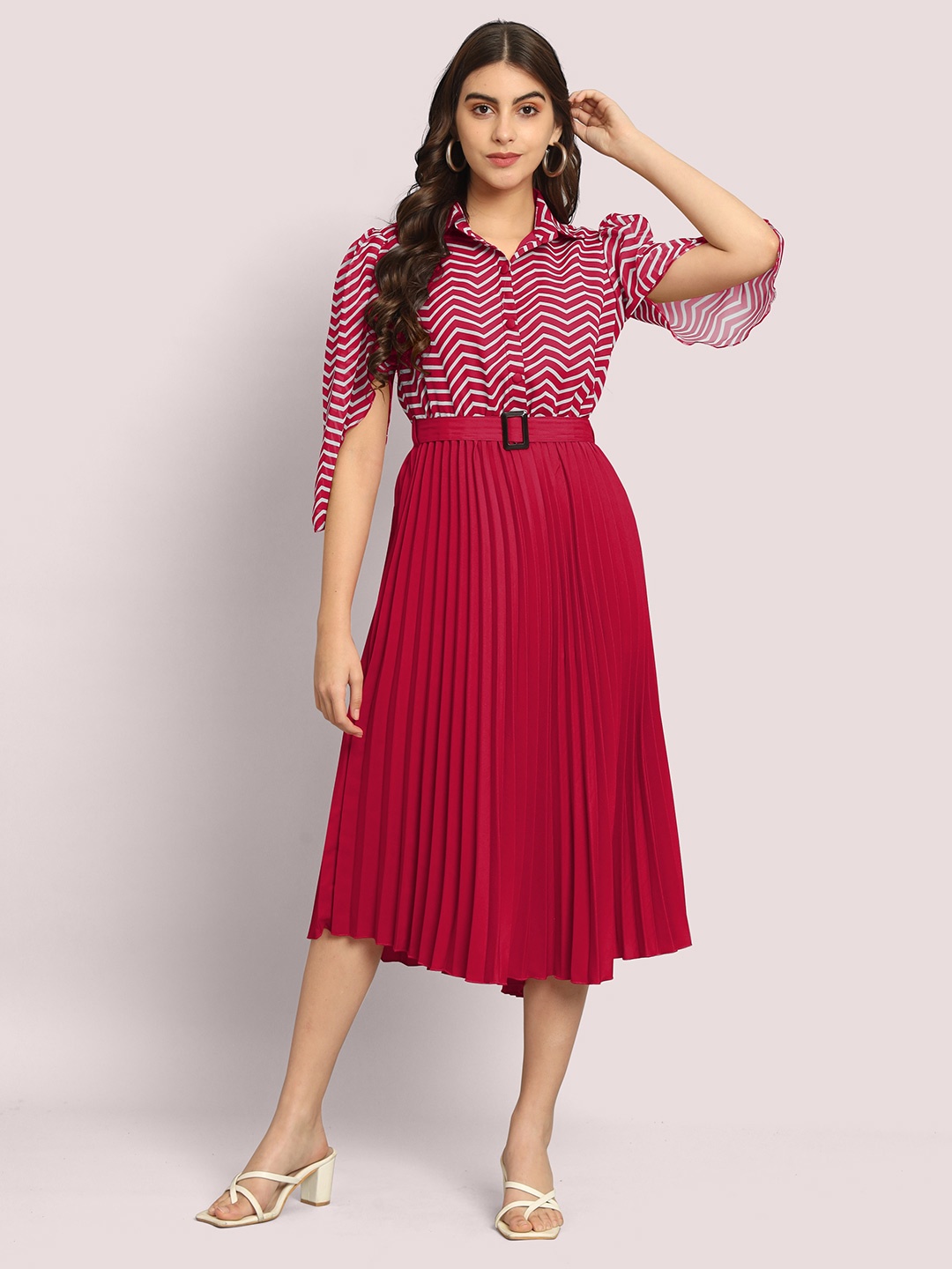 

FLOWERVELLY Striped Shirt Collar Georgette Midi A-line Dress, Pink