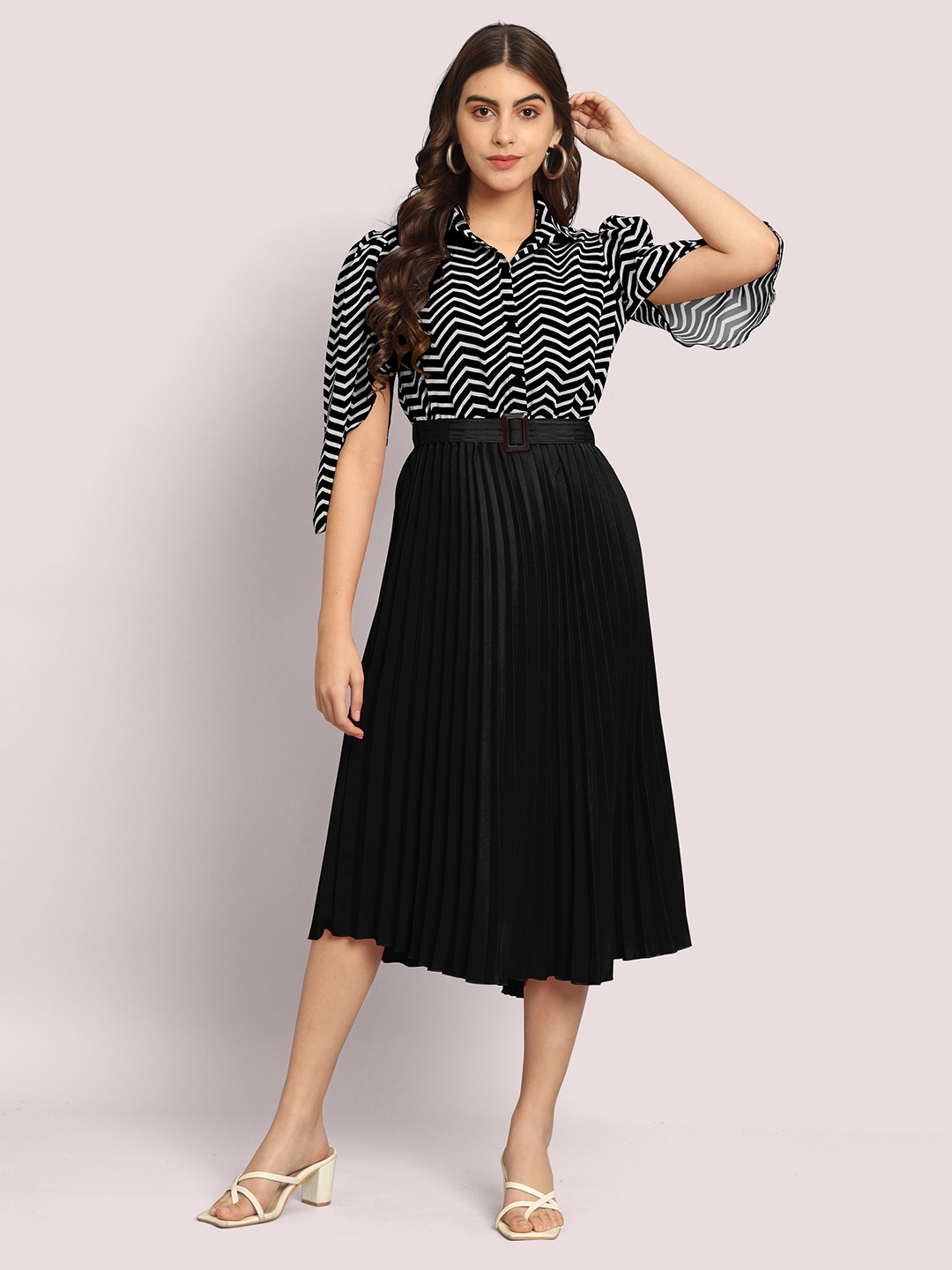 

FLOWERVELLY Striped Shirt Collar Georgette Midi A-line Dress, Black