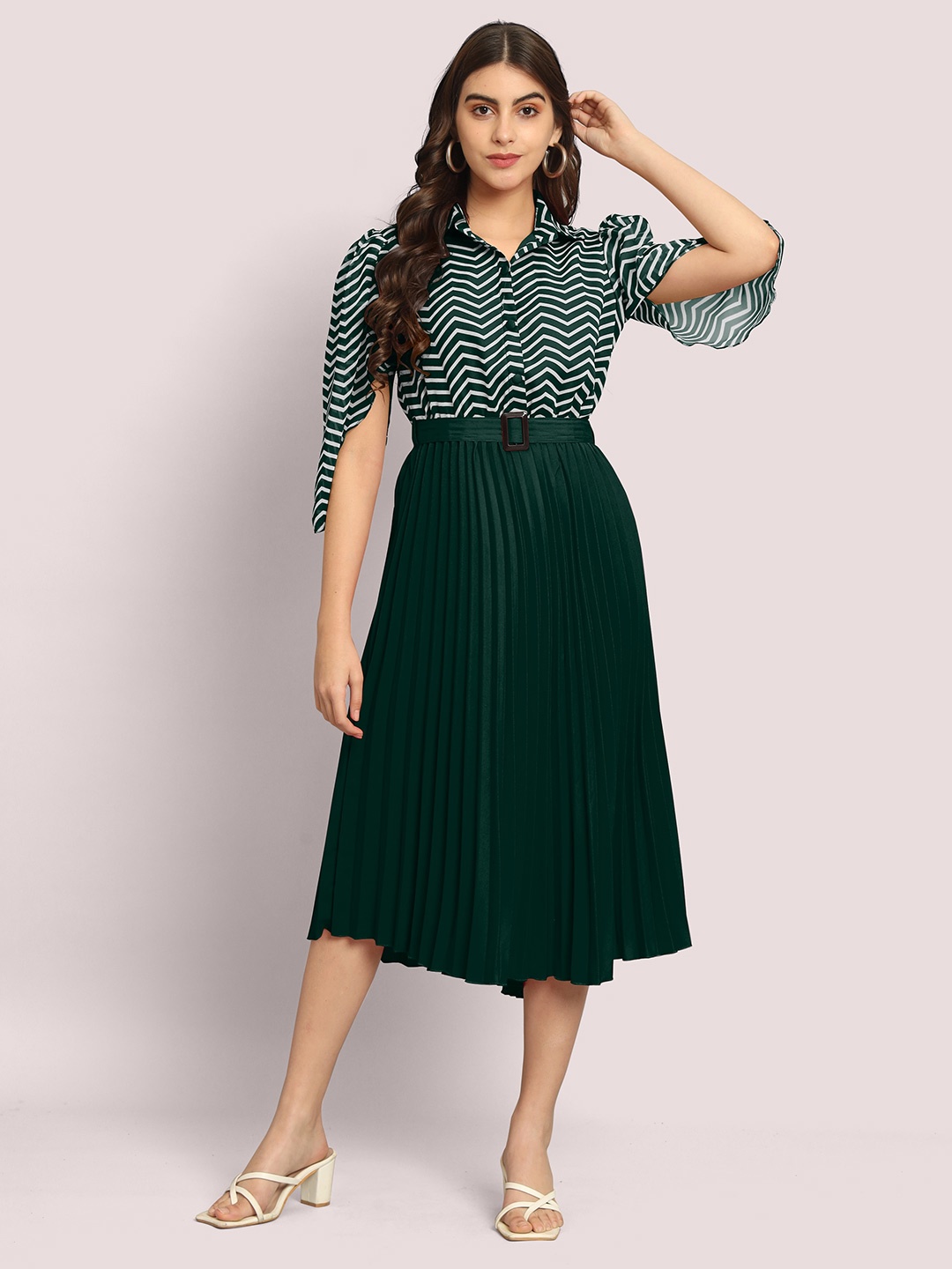 

FLOWERVELLY Striped Shirt Collar Georgette Midi A-line Dress, Green