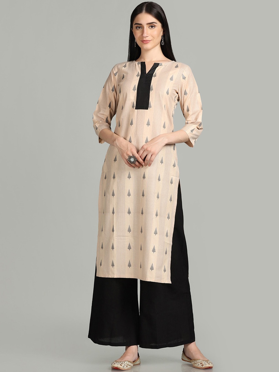 

Shaily Beige Ethnic Motifs Woven Design Straight Kurta