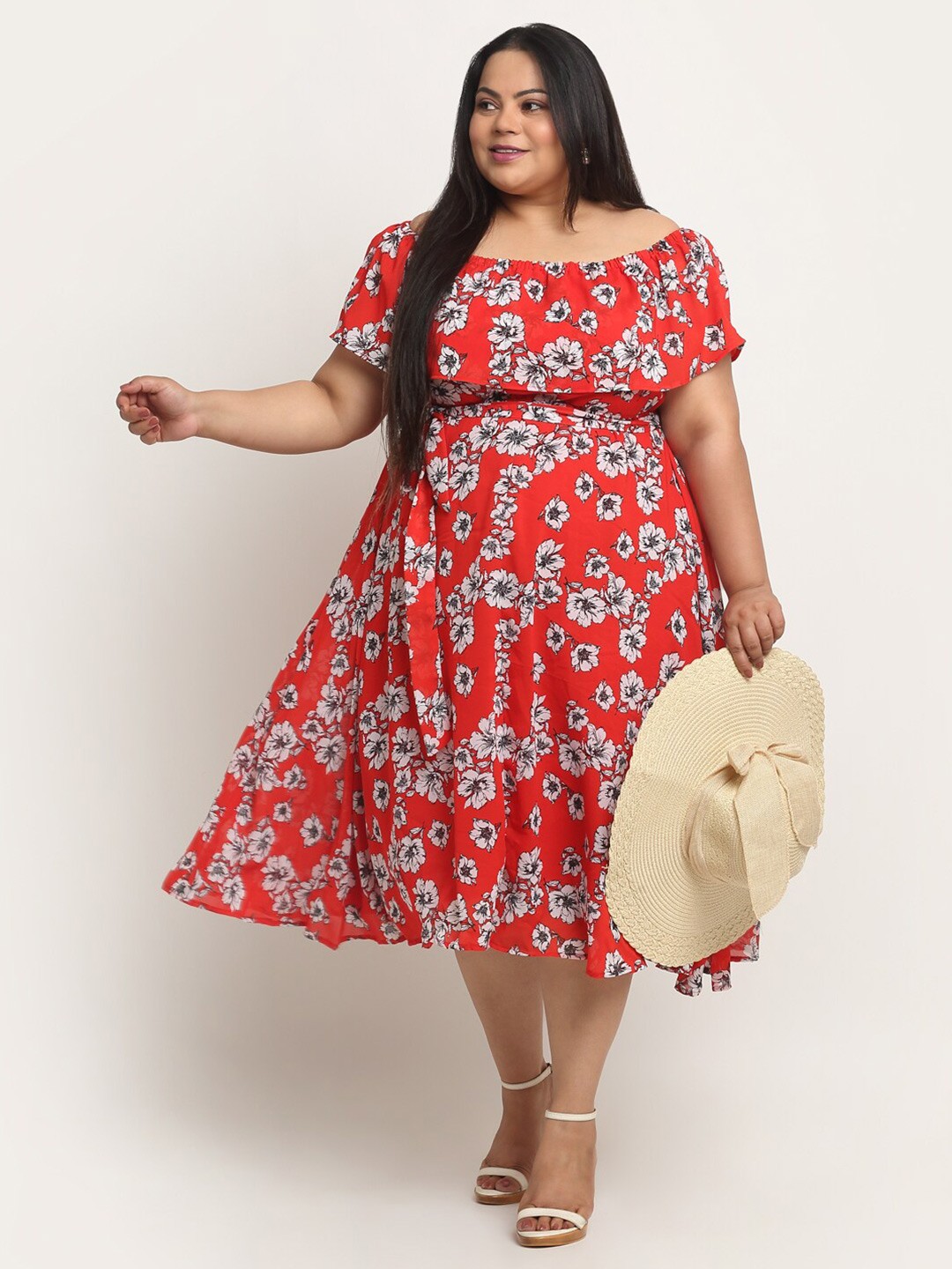 

sindrellastorie Pluz Size Floral Print Off-Shoulder Georgette Fit & Flare Midi Dress, Red