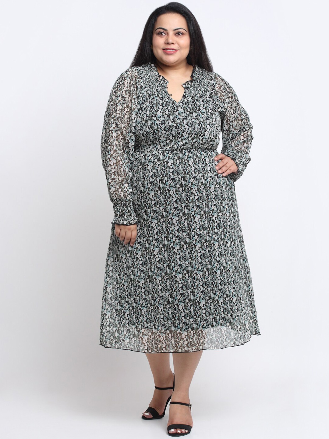 

sindrellastorie Pluz Size Floral Print Puff Sleeve Georgette Fit & Flare Midi Dress, Black