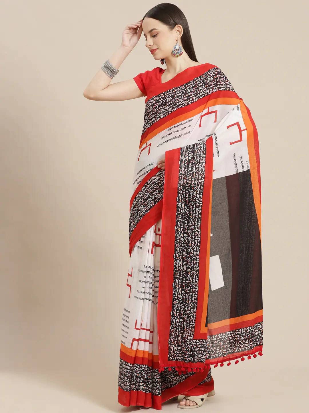 

JAIPURI BLOCK PRINT Geometric Printed Mulmul Cotton Bagru Saree, Red