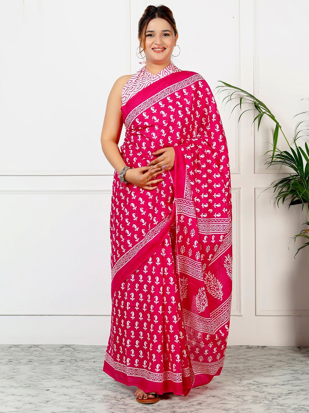 

JAIPURI BLOCK PRINT Floral Pure Cotton Bagru Saree, Pink