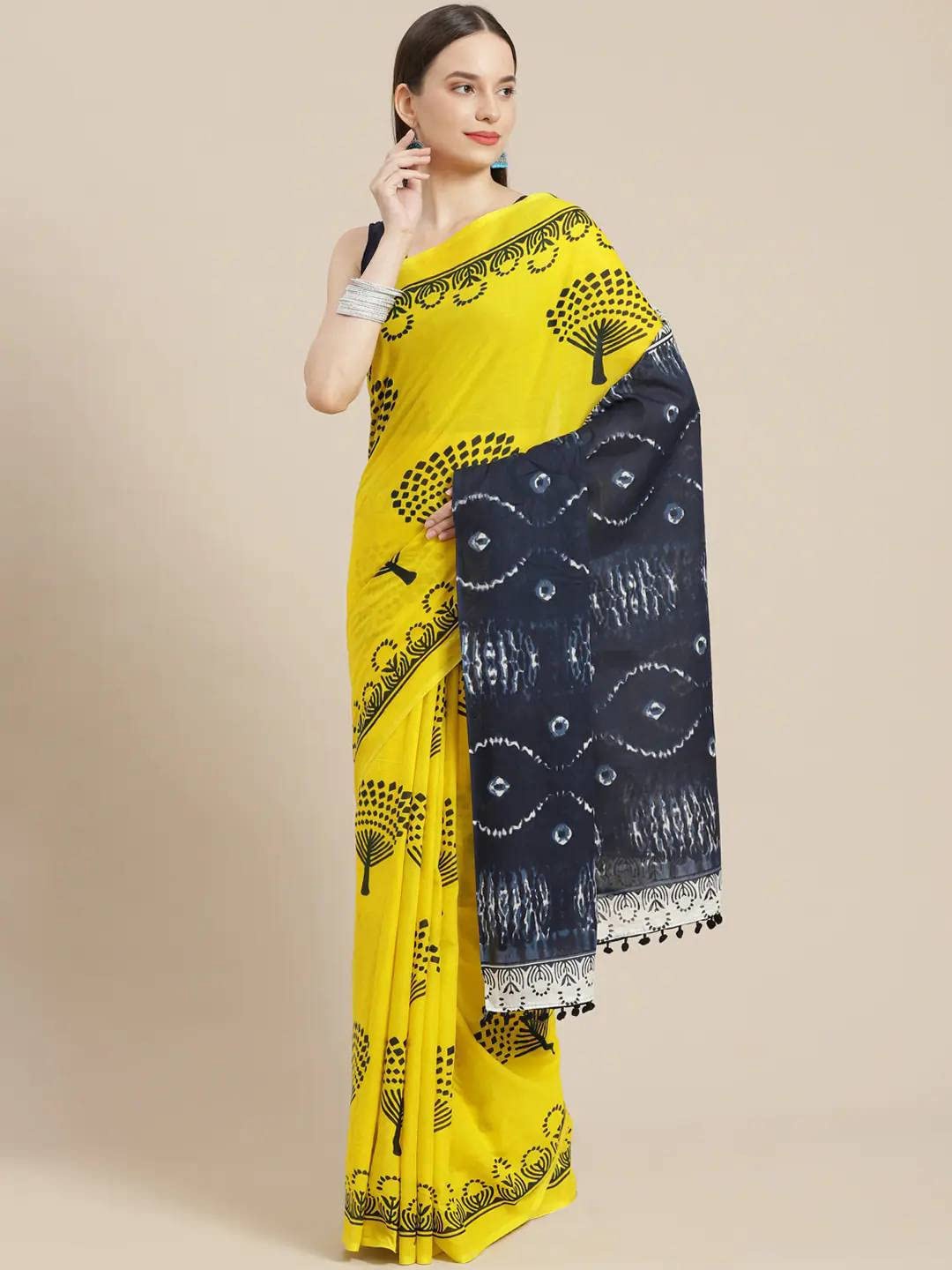 

JAIPURI BLOCK PRINT Floral Printed Pure Cotton Bagru Saree, Yellow