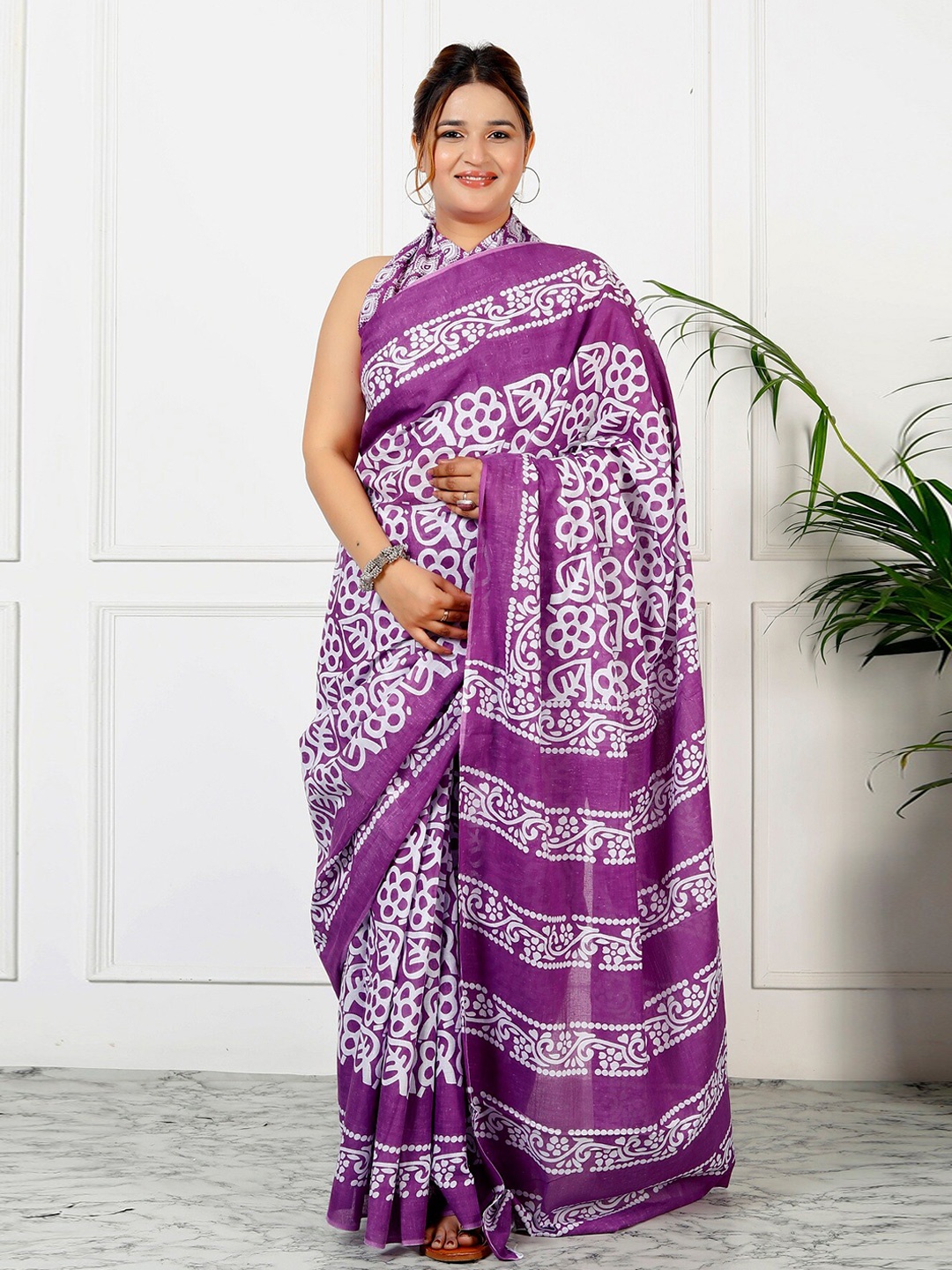 

JAIPURI BLOCK PRINT Leheriya Printed Pure Cotton Ikat Saree, Lavender