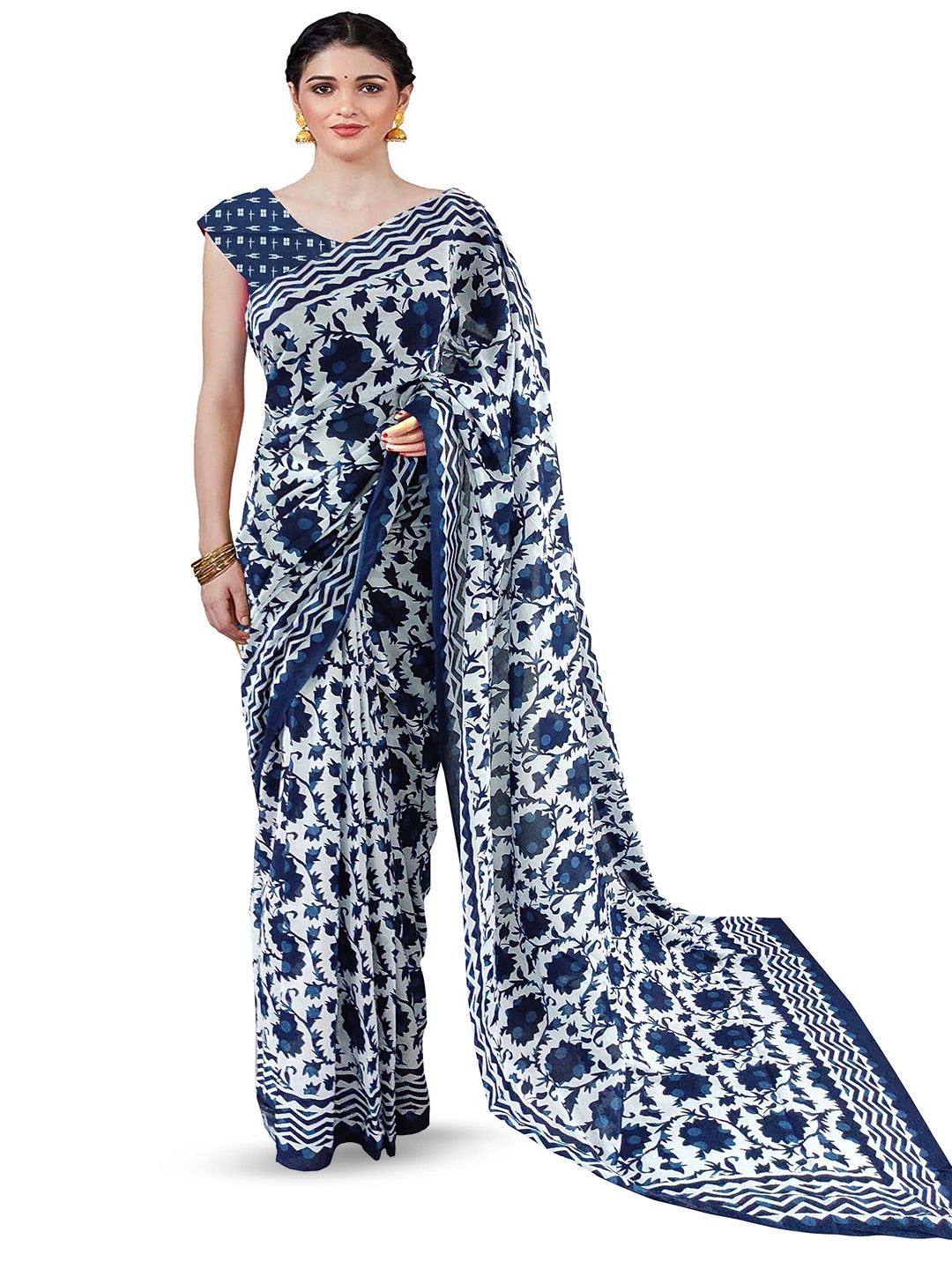 

JAIPURI BLOCK PRINT Floral Printed Pure Cotton Saree, Blue