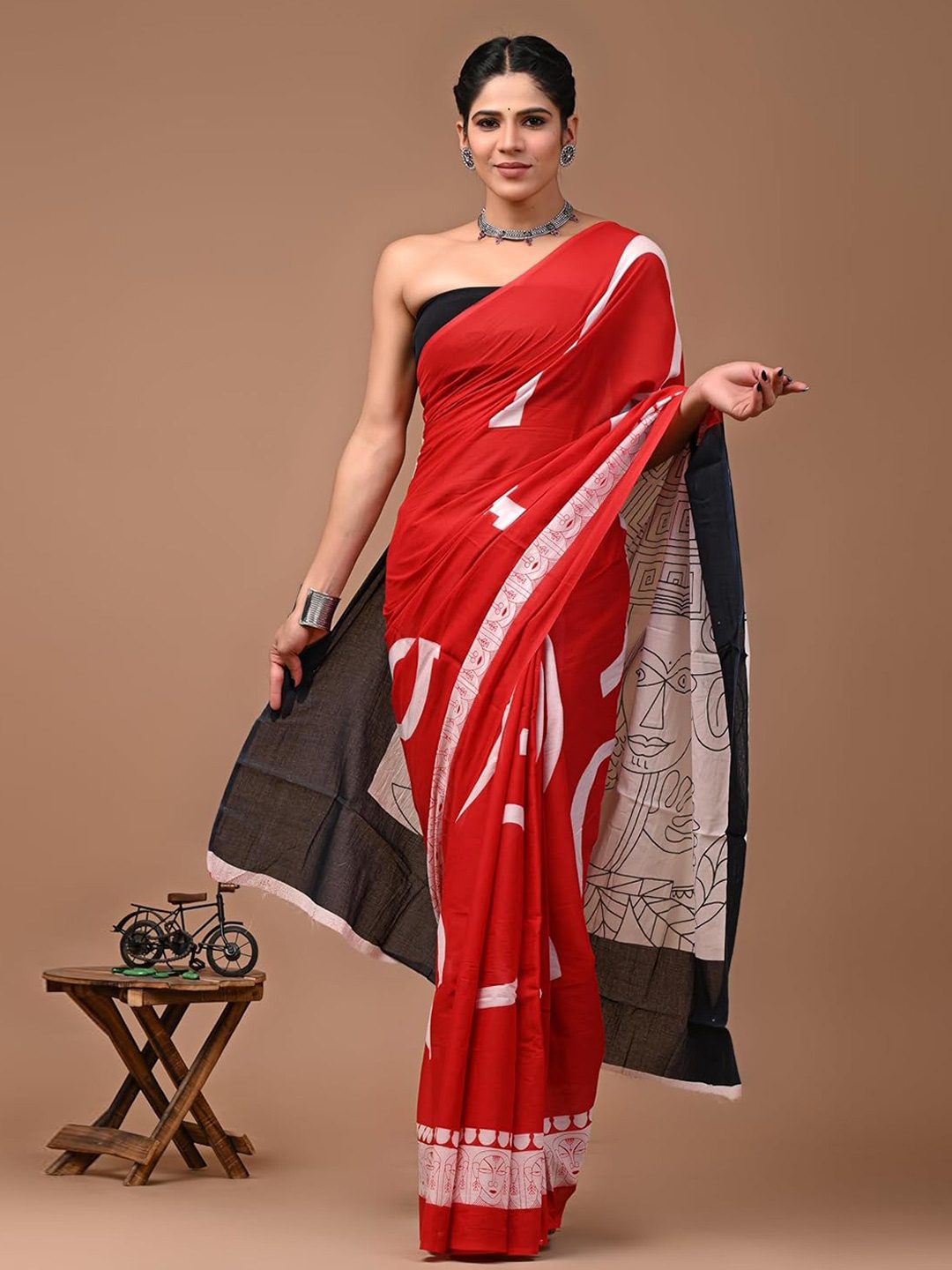 

JAIPURI BLOCK PRINT Abstract Printed Pure Cotton Bagru Saree, Red