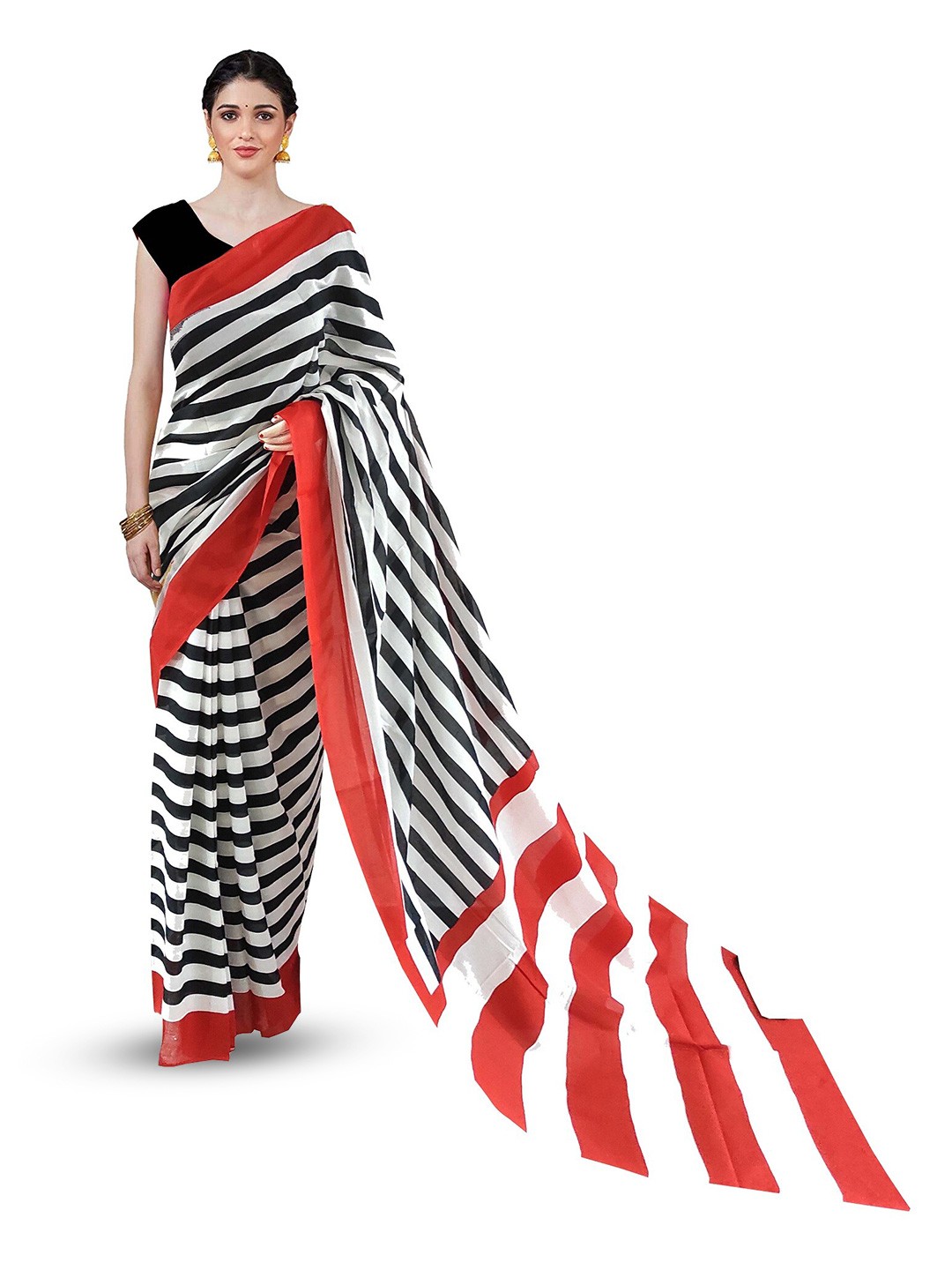 

JAIPURI BLOCK PRINT Striped Pure Cotton Block Print Saree, Red