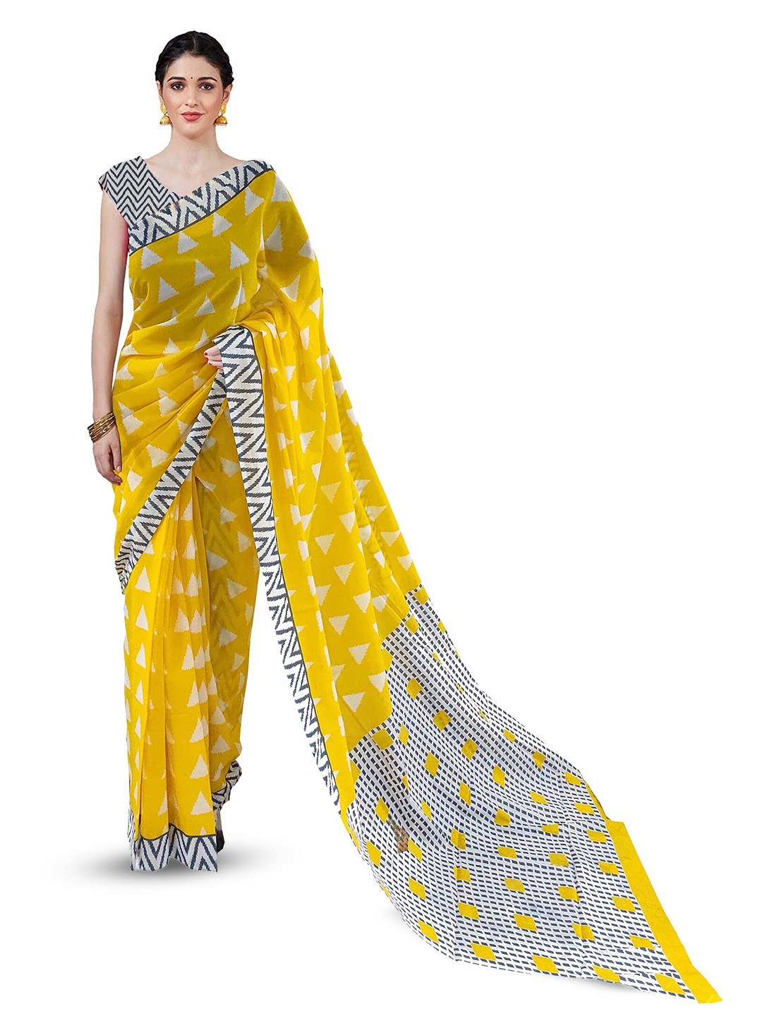 

JAIPURI BLOCK PRINT Pure Cotton Block Printed Saree, Yellow