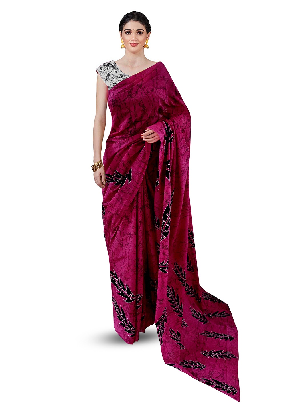 

JAIPURI BLOCK PRINT Floral Batik Pure Cotton Block Print Saree, Pink