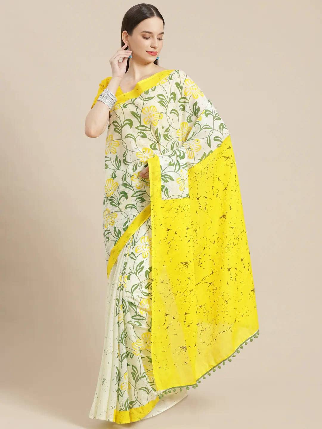 

JAIPURI BLOCK PRINT Batik Pure Cotton Bagru Saree, Yellow