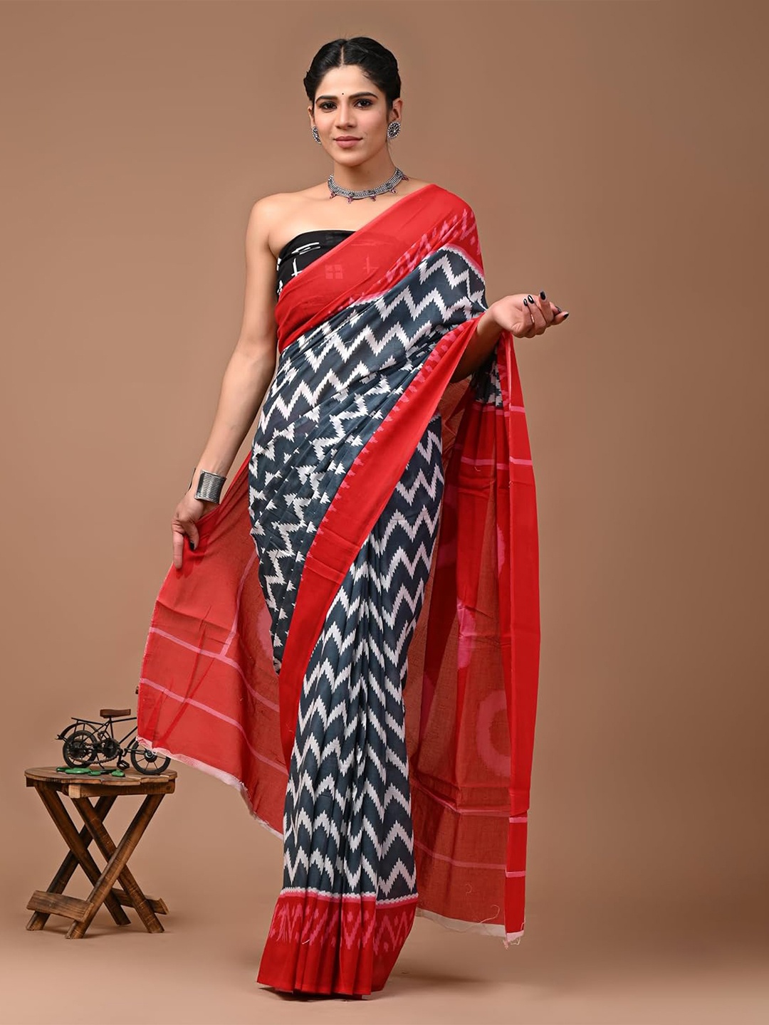 

JAIPURI BLOCK PRINT Leheriya Pure Cotton Bagru Saree, Red