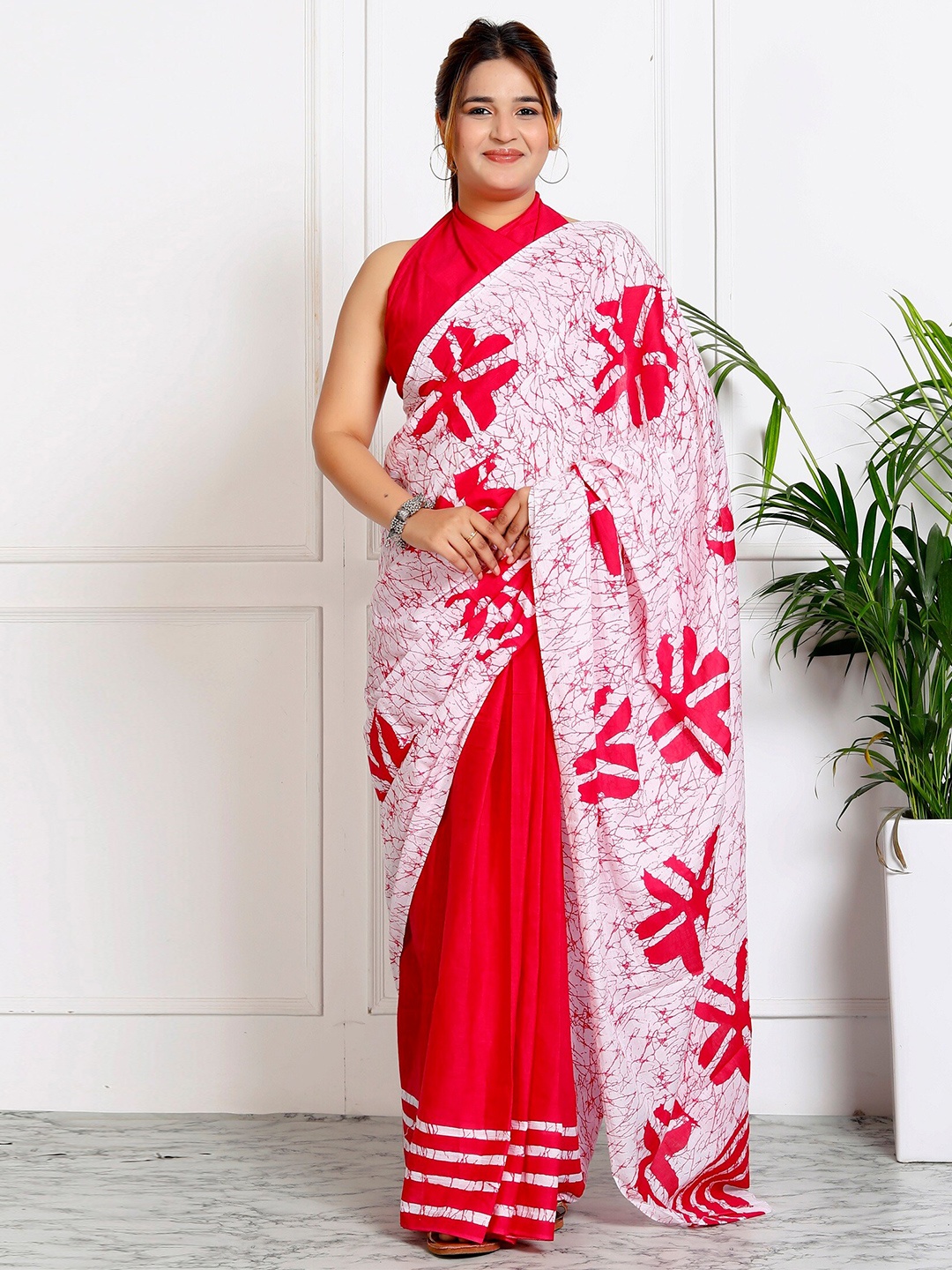 

JAIPURI BLOCK PRINT Floral Pure Cotton Bagru Saree, Red