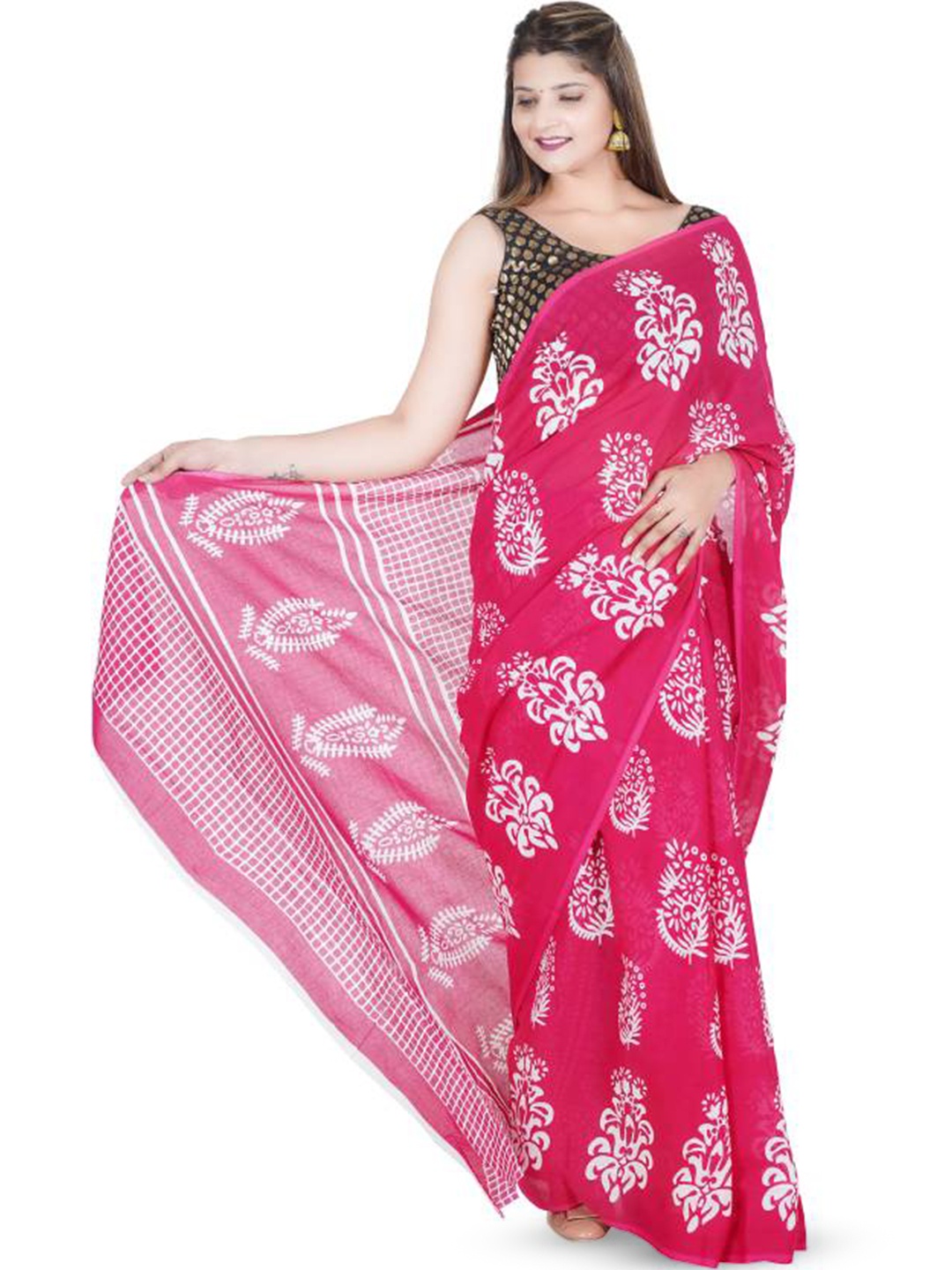 

JAIPURI BLOCK PRINT Floral Printed Pure Cotton Bandhani Saree, Red