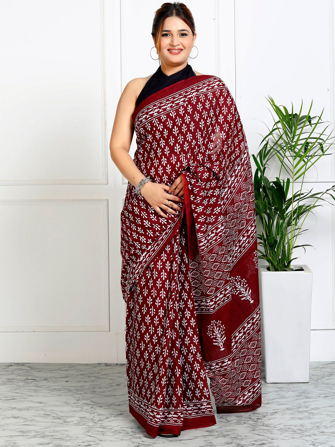

JAIPURI BLOCK PRINT Ethnic Motifs Pure Cotton Block Print Saree, Maroon