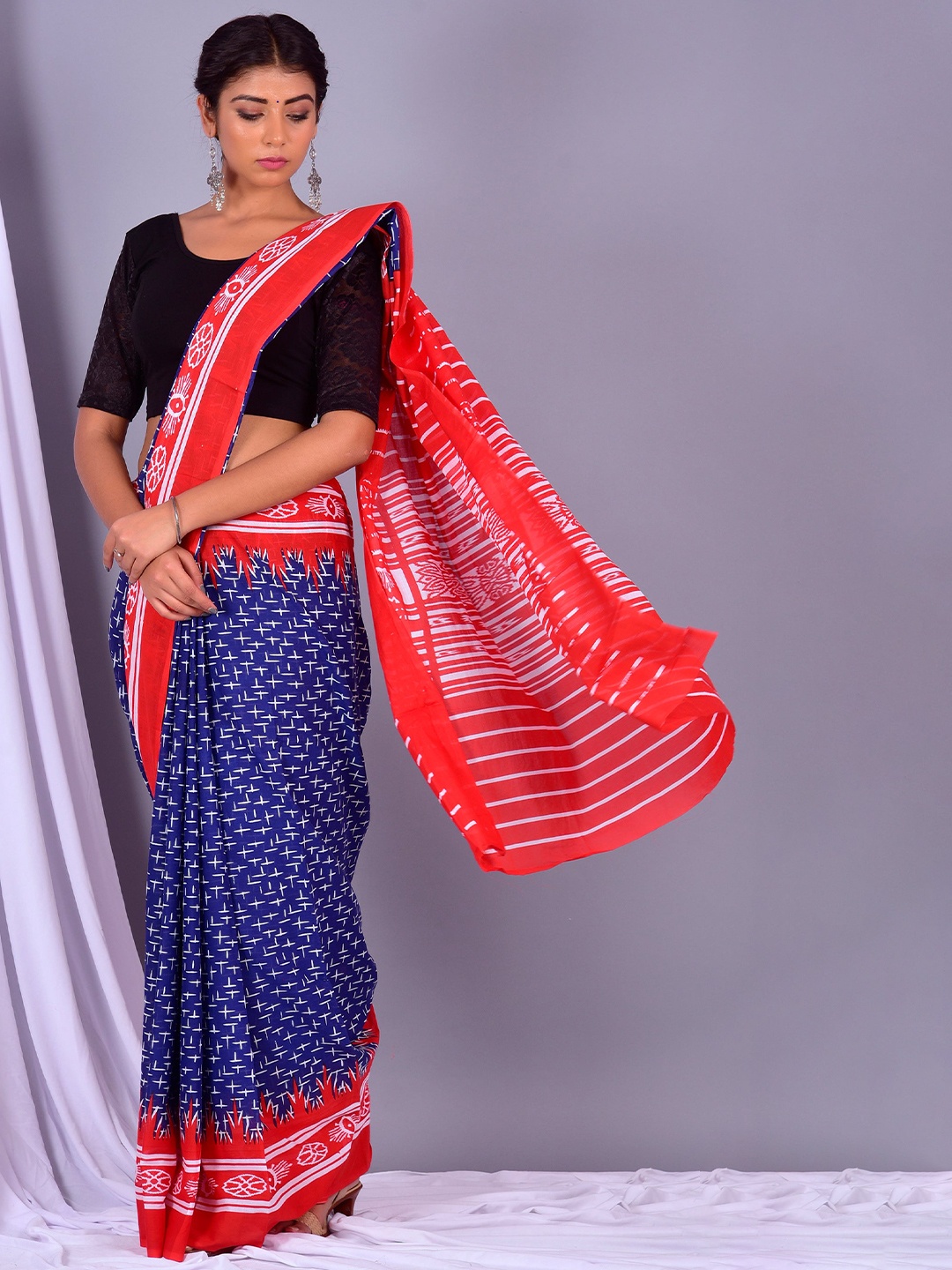 

JAIPURI BLOCK PRINT Geometric Pure Cotton Block Print Saree, Red