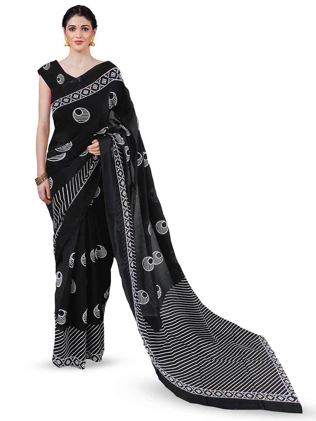 

JAIPURI BLOCK PRINT Polka Dot Pure Cotton Block Printed Saree, Black