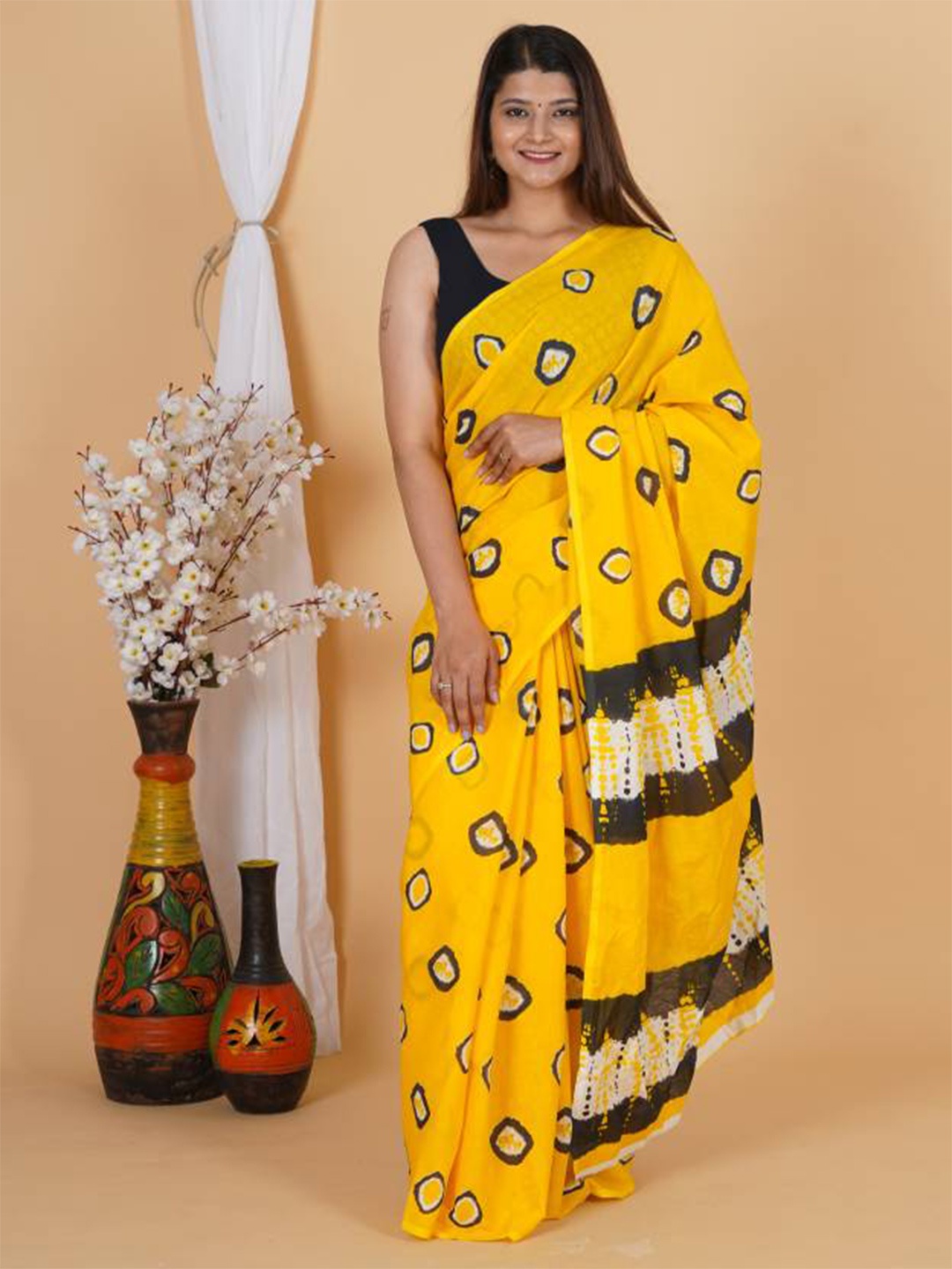 

JAIPURI BLOCK PRINT Ethnic Motifs Pure Cotton Bandhani Saree, Yellow