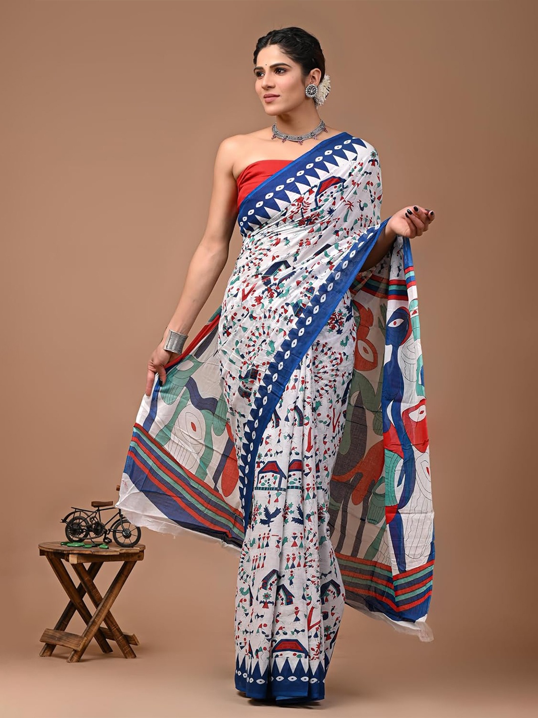 

JAIPURI BLOCK PRINT Warli Printed Mulmul Cotton Bagru Saree, Blue