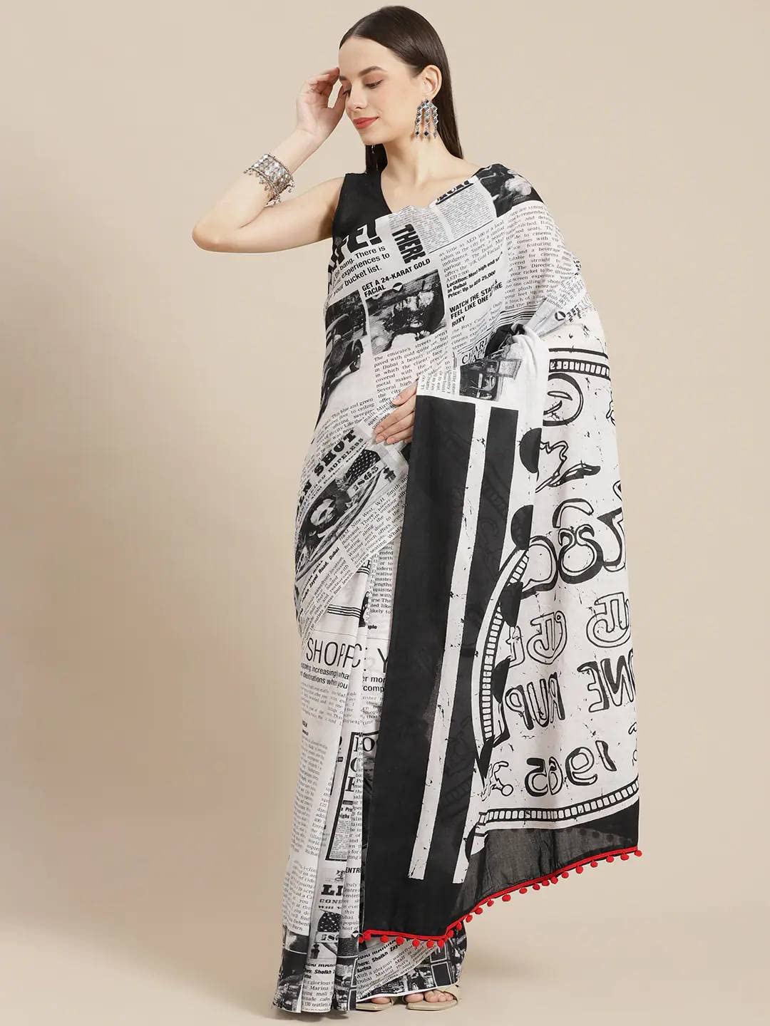 

JAIPURI BLOCK PRINT Abstract Printed Pure Cotton Bagru Saree, Black