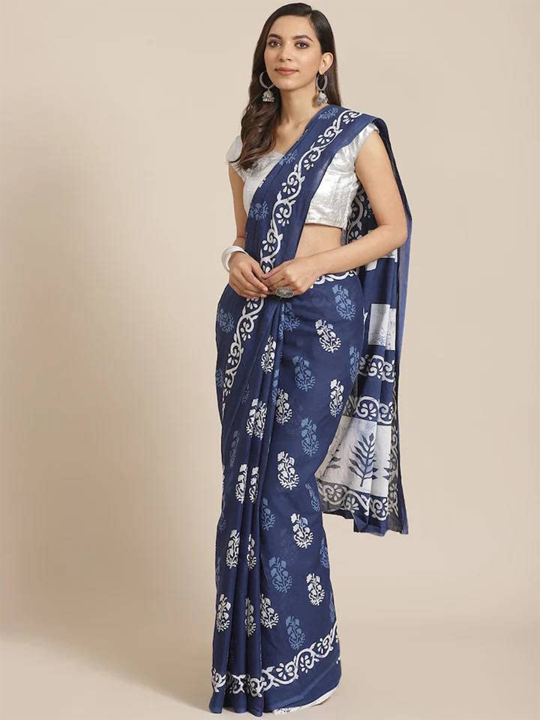 

JAIPURI BLOCK PRINT Ajrak Block Pure Cotton Bagru Saree, Blue