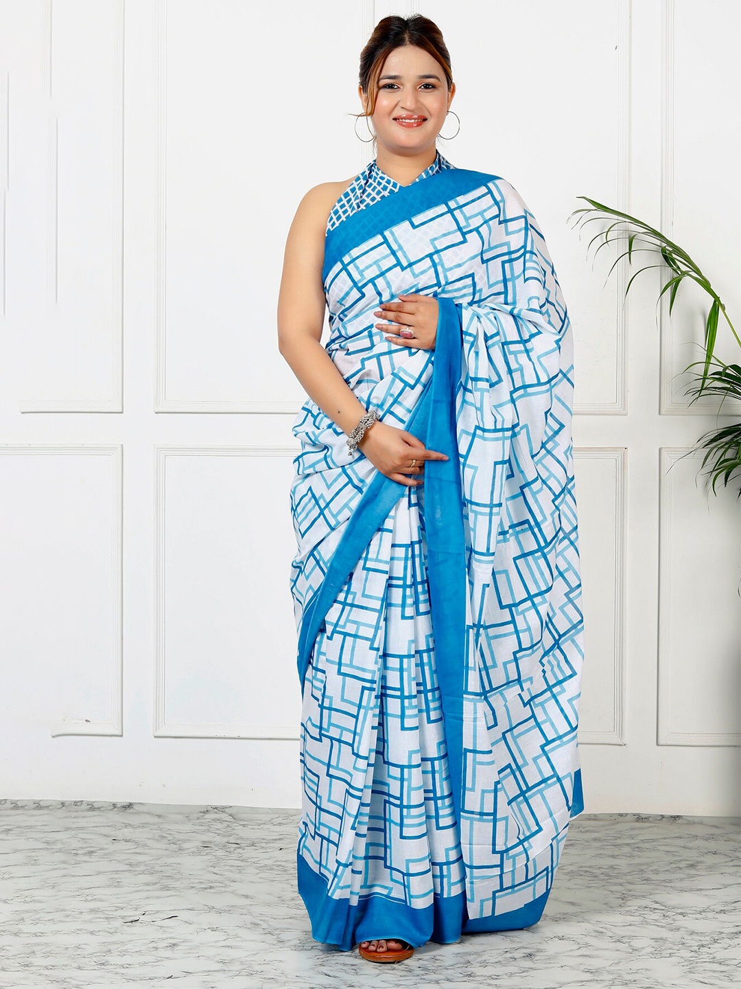 

JAIPURI BLOCK PRINT Geometric Printed Mulmul Cotton Bagru Saree, Blue
