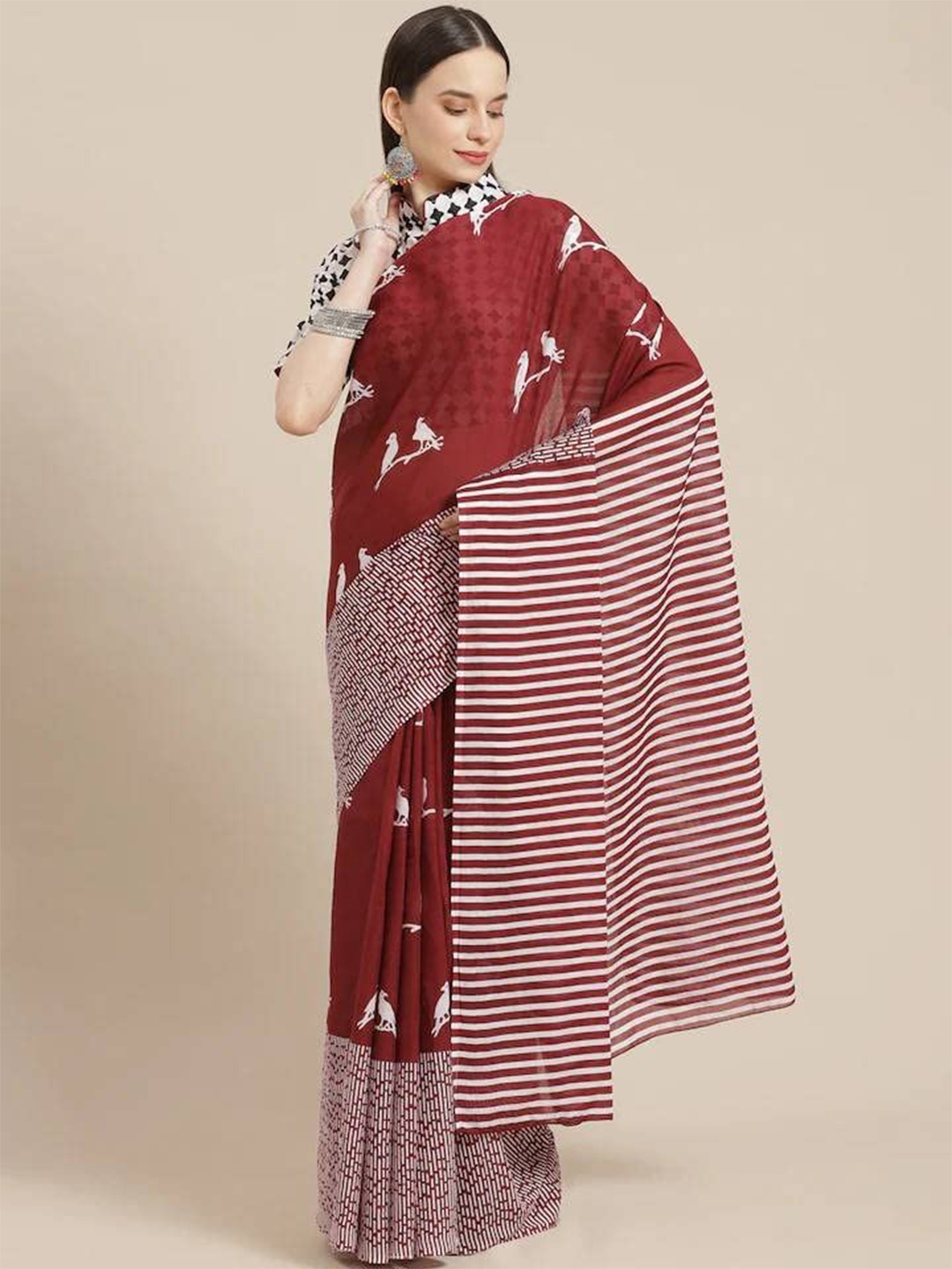 

JAIPURI BLOCK PRINT Kalamkari Printed Pure Cotton Bagru Saree, Maroon