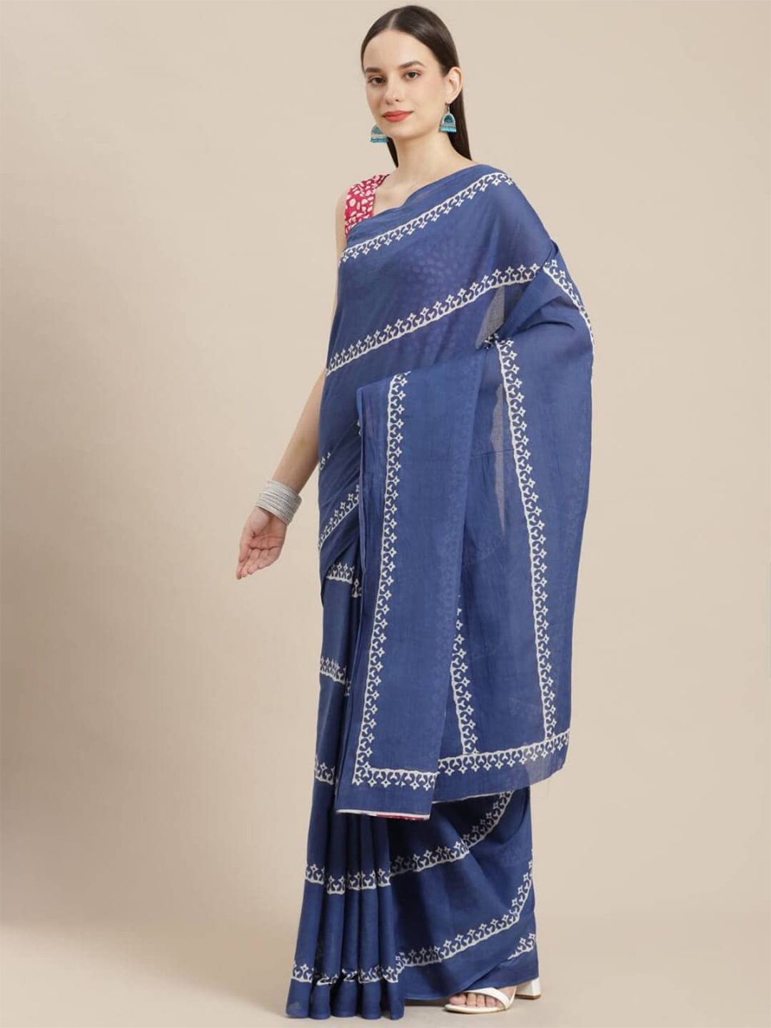 

JAIPURI BLOCK PRINT Ethnic Motifs Pure Cotton Bagru Saree, Blue