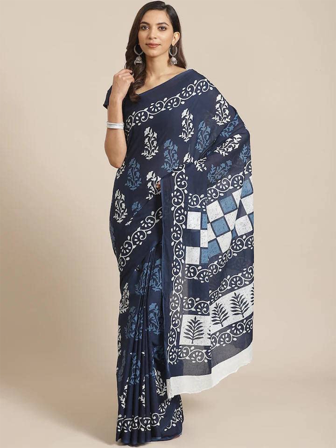 

JAIPURI BLOCK PRINT Floral Printed Pure Cotton Bagru Saree, Blue